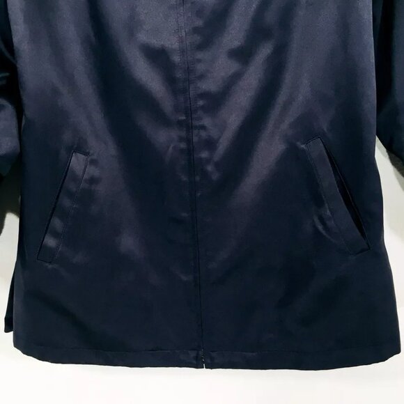 Dennis Basso Sz XS Front Zip Rain Jacket Navy Satin Anorak Removable Hood - Picture 2 of 12